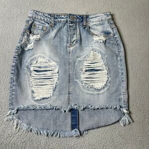 Denim Skirt Womens Juniors‎ 9/10 Blue Distressed High-Low Vanilla Star Jean